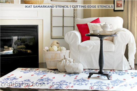 Stunning Ikat Samarkand stenciled diy rug idea give this living space a designer look for a fraction of the price.