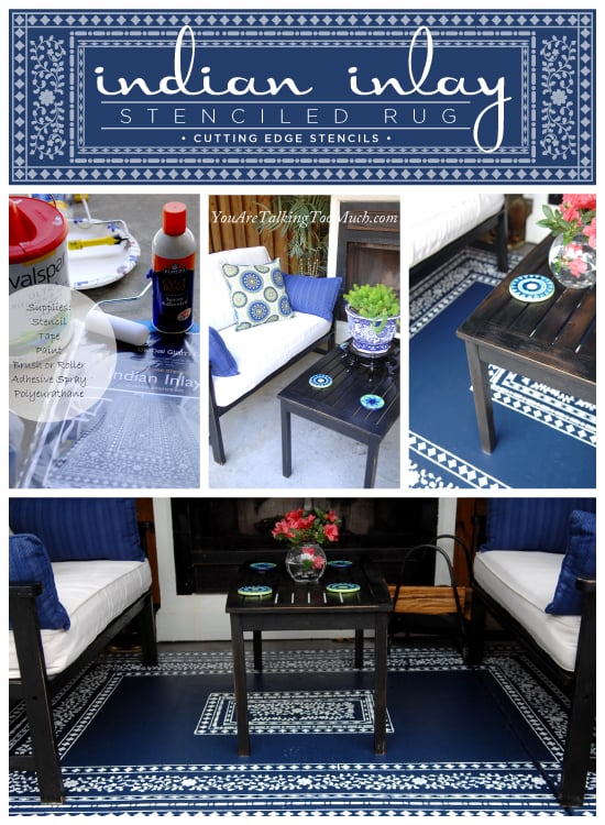 Gorgeous Indian Inlay stenciled DIY outdoor rug idea!  Uses a Cutting Edge Stencil found here http://www.cuttingedgestencils.com/indian-inlay-stencil-furniture.html
