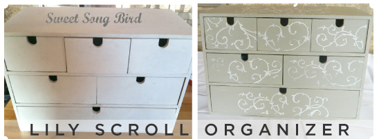 Beautiful craft organizer! Painted gray with a Lily Scroll Stencil adds the perfect touch.