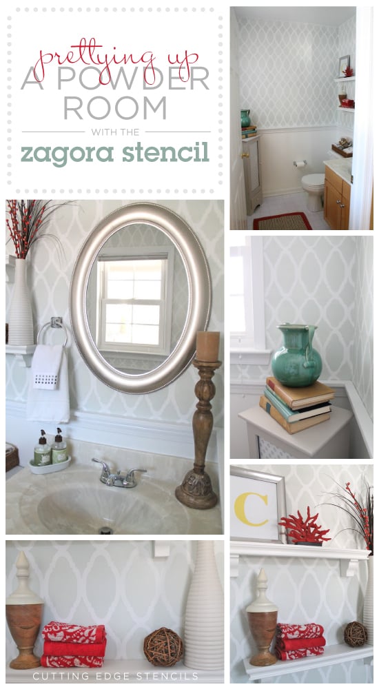WOW! What a difference the Zagora Allover stencil from Cutting Edge Stencils makes in this bathroom makeover by Mouse House Creations.