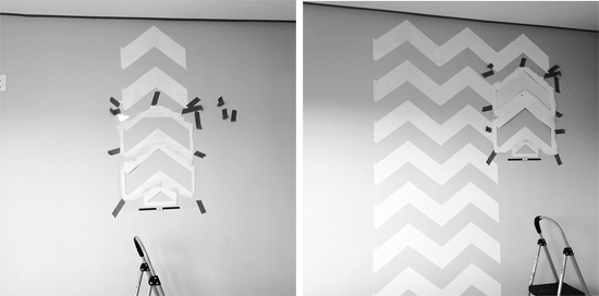 Chevron Stencil work in progress. This leads to a beautiful chevron stenciled bedroom.