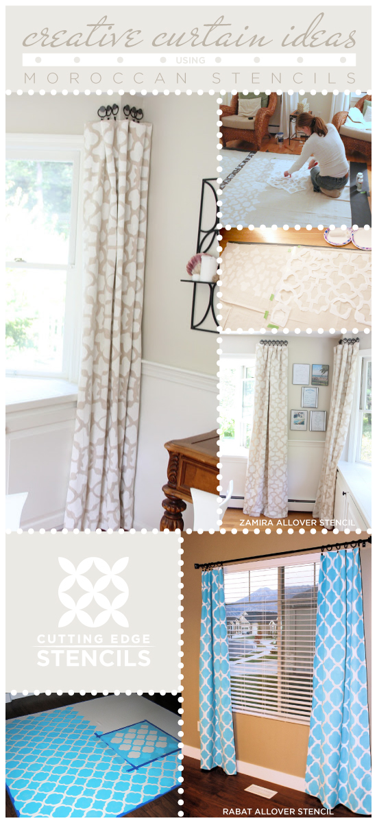 Two great Moroccan stencil ideas to create diy curtains using the Rabat and Zamira Stencil. http://www.cuttingedgestencils.com/moroccan-stencils.html