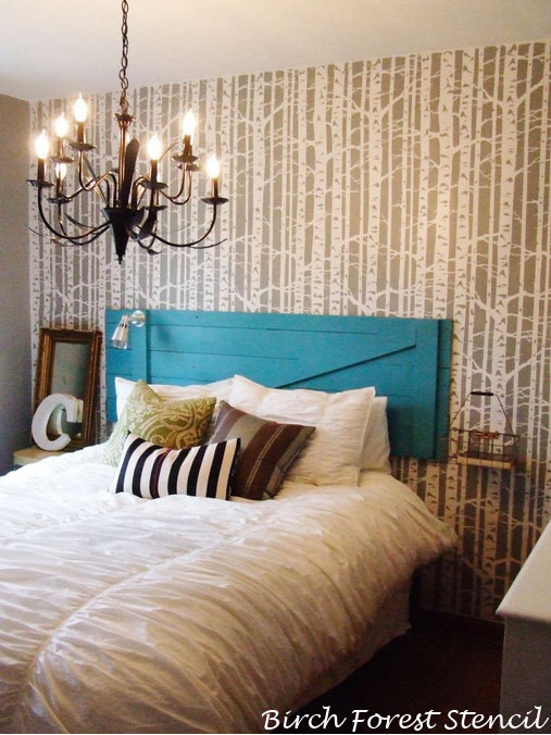 Gorgeous bedroom uses the Birch Forest Stencil from Cutting Edge Stencils. http://www.cuttingedgestencils.com/allover-stencil-birch-forest.html