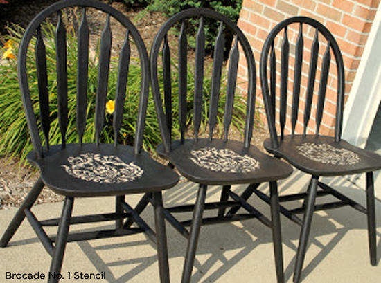 Spruce up kitchen chairs using the Brocade No.1 Stencil from Cutting Edge Stencils. http://www.cuttingedgestencils.com/Brocade-stencil-damask.html