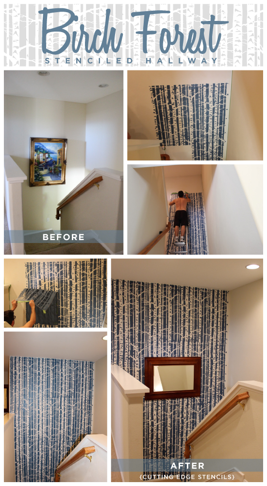 The blue birch forest stencil from Cutting Edge Stencils livens up this hallway! http://www.cuttingedgestencils.com/allover-stencil-birch-forest.html