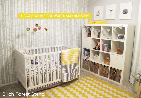 Adorable nursery uses the Birch Forest Stencil from Cutting Edge Stencil. http://cuttingedgestencils.com/blog/adorable-tree-stencil-nursery-wall-decor.html