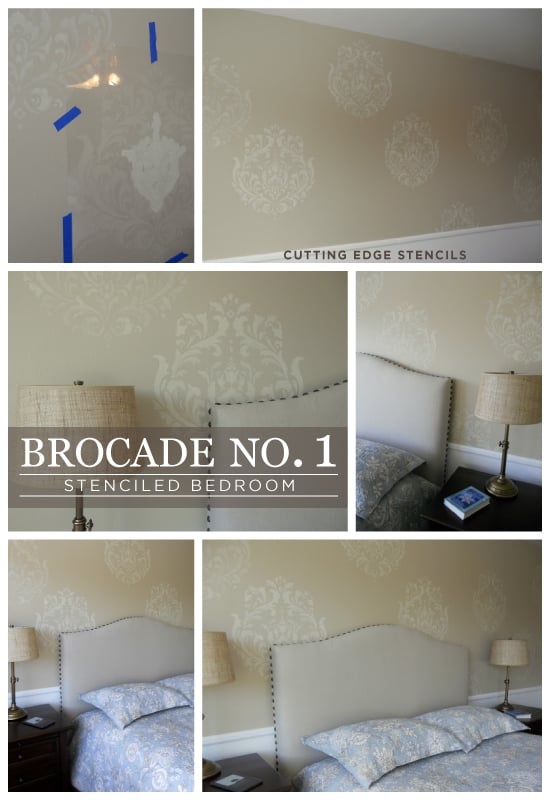 Stunning! Bedroom accent wall uses the Brocade No. 1 Stencil from Cutting Edge Stencils. http://www.cuttingedgestencils.com/Brocade-stencil-damask.html
