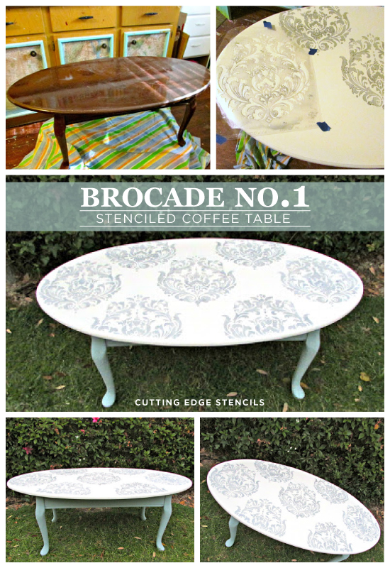 Gorgeous DIY Table redo using the Brocade No. 1 stencil from Cutting Edge Stencils. http://www.cuttingedgestencils.com/Brocade-stencil-damask.html