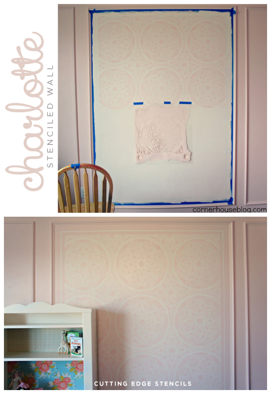 Lovely little girl's room using the Charlotte Stencil from Cutting Edge Stencils. http://www.cuttingedgestencils.com/charlotte-allover-stencil-pattern.html