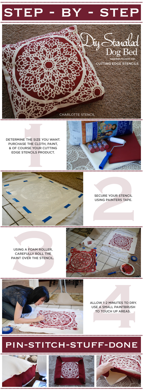 Using the Charlotte Stencil, learn how to paint and create your own dog bed. http://www.cuttingedgestencils.com/charlotte-allover-stencil-pattern.html