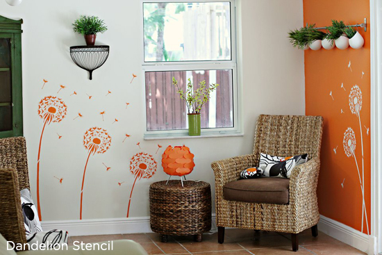 Gorgeous orange Dandelion Stenciled living space! http://www.cuttingedgestencils.com/dandelion-stencil.html