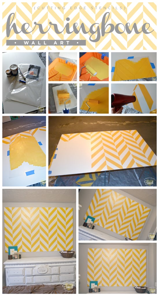 Create wall art using stencils! This piece uses the Herringbone STencil from Cutting Edge Stencils. http://www.cuttingedgestencils.com/herringbone-stencil-pattern.html