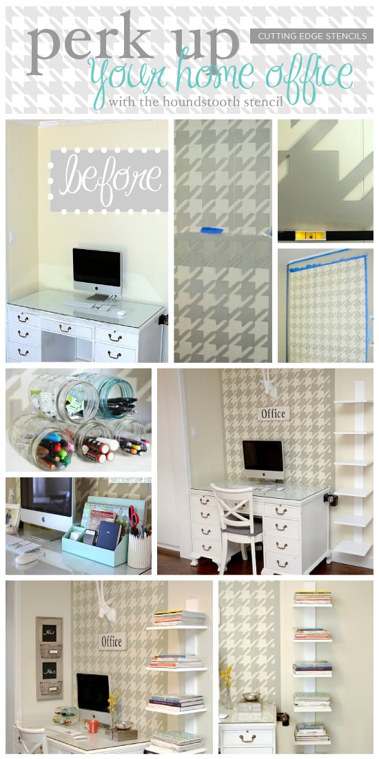 Using the Houndstooth Stencil from Cutting Edge Stencils in this gorgeous home office makeover! http://www.cuttingedgestencils.com/wall_stencil_houndstooth.html