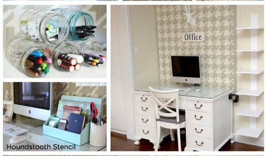 Stunning home office nook uses the Houndstooth Stencil from Cutting Edge Stencils. www.cuttingedgestencils.com