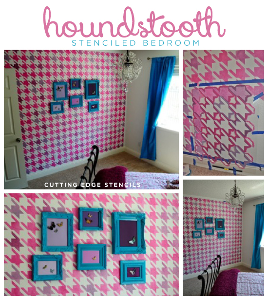 Using the houndstooth stencil from Cutting Edge Stencils to add some bold color to this young girl's room.  http://www.cuttingedgestencils.com/wall_stencil_houndstooth.html