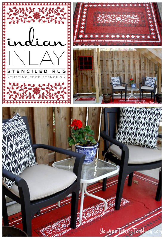 Indian Inlay Stencil used to create a gorgeous red outdoor rug!  http://www.cuttingedgestencils.com/indian-inlay-stencil-furniture.html