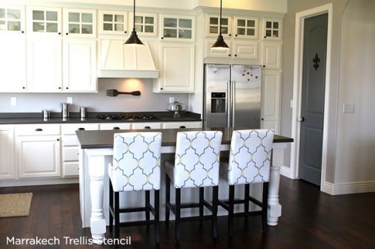 Gorgeous! Marrakech Trellis Stenciled chairs add a patterned flair to this kitchen. http://www.cuttingedgestencils.com/moroccan-stencil-marrakech.html