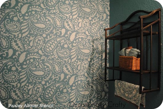 Gorgeous Paisley Allover Stencil painted in teal in this diy bathroom makeover! http://www.cuttingedgestencils.com/paisley-allover-stencil.html