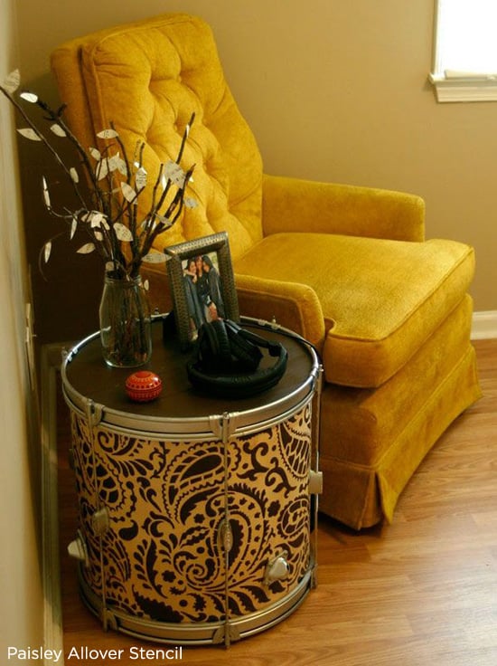 So creative! Paisley Stenciled old drum turned into a side table looks gorgeous! http://www.cuttingedgestencils.com/paisley-allover-stencil.html
