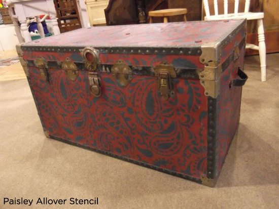 Use the Paisley Allover Stencil from Cutting Edge Stencils to update an old trunk. http://www.cuttingedgestencils.com/paisley-allover-stencil.html