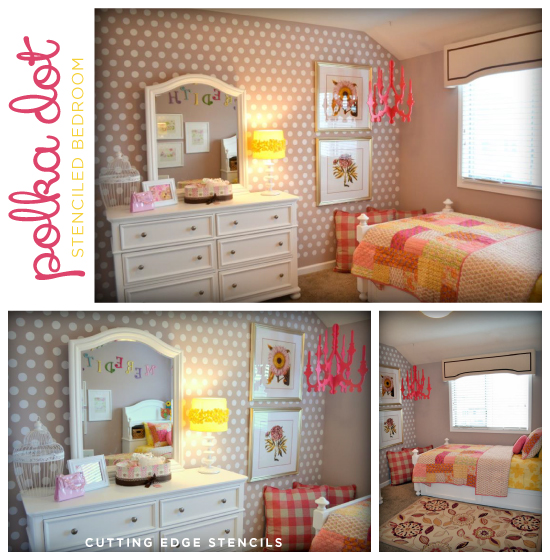 Adorable rasberry pink polka dot stenciled wall in this little girl's room. http://www.cuttingedgestencils.com/polka-dots-stencils-nursery.html