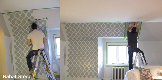 Stenciling is Easy! Stunning Rabat Stenciled gray master bedroom. http://www.cuttingedgestencils.com/moroccan-stencil-pattern-3.html