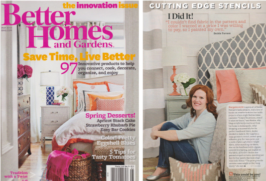 Gorgeous Zagora Stenciled headboard featuring in the May issue of Better Homes & Gardens. http://www.cuttingedgestencils.com/trellis-allover-stencil.html