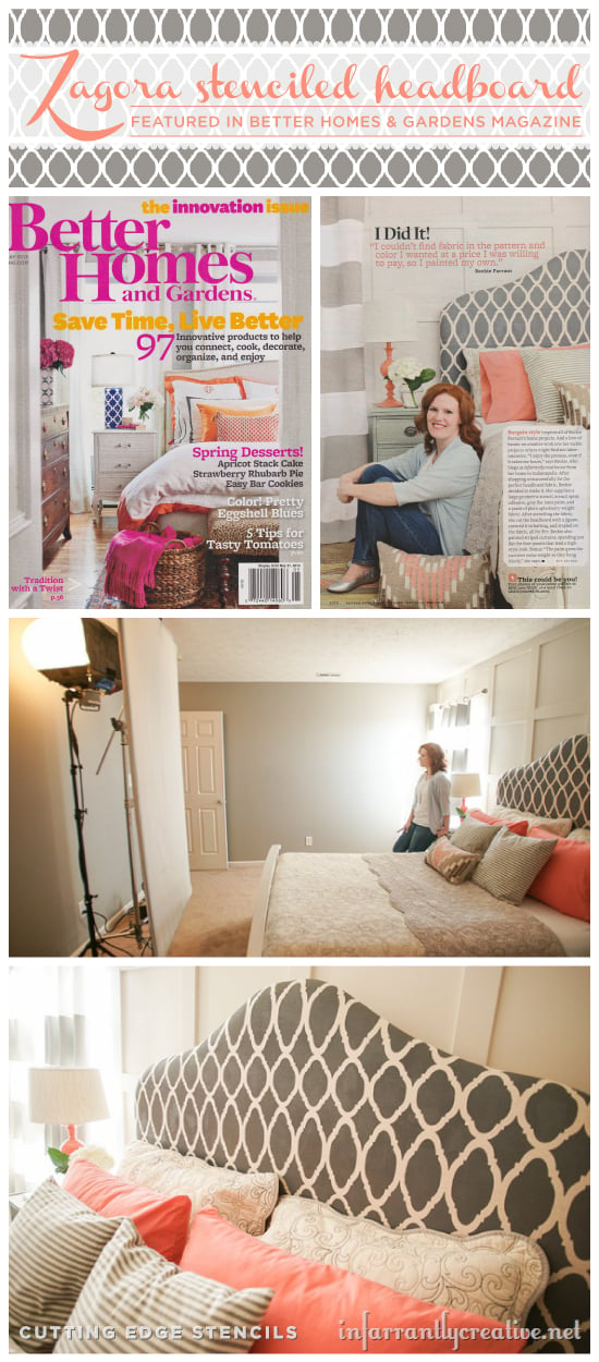 Gorgeous Zagora Stenciled headboard featuring in the May issue of Better Homes & Gardens. http://www.cuttingedgestencils.com/trellis-allover-stencil.html