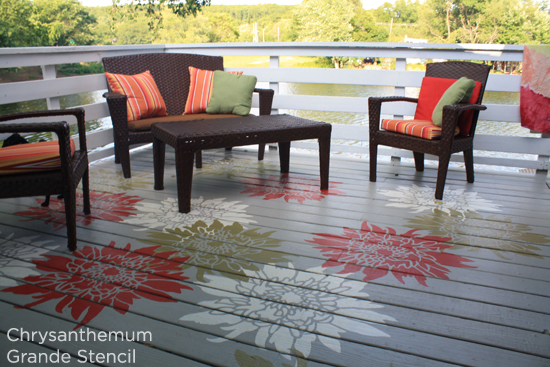 Stencil the Chrysanthemum Grande Stencil in bold colors on your deck for the ultimate WOW factor!http://www.cuttingedgestencils.com/flower-stencil-4.html