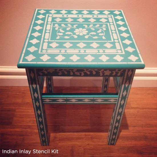 Gorgeous Indian Inlay Stenciled table! Create yours today! http://www.cuttingedgestencils.com/indian-inlay-stencil-furniture.html