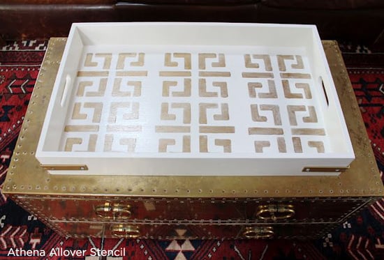 Stencils can spruce up an old try like this Athena Stenciled diy decorative tray. http://www.cuttingedgestencils.com/wallpaper-stencil-athena.html