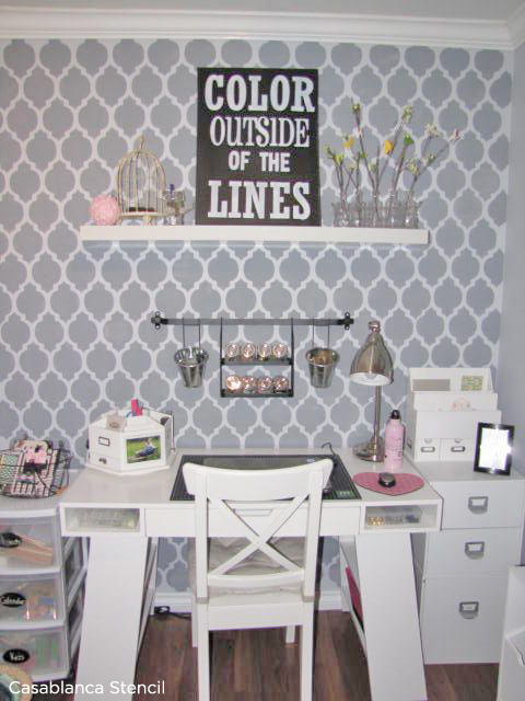 A stenciled accent wall using the Casablanca Stencil from Cutting Edge Stencils give this craft space a unique flair! http://www.cuttingedgestencils.com/allover-stencils.html