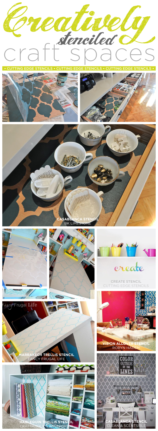 Stencil your craft space with Cutting Edge Stencils to create a fun and inspiration diy craft room! http://www.cuttingedgestencils.com/wall-stencils.html