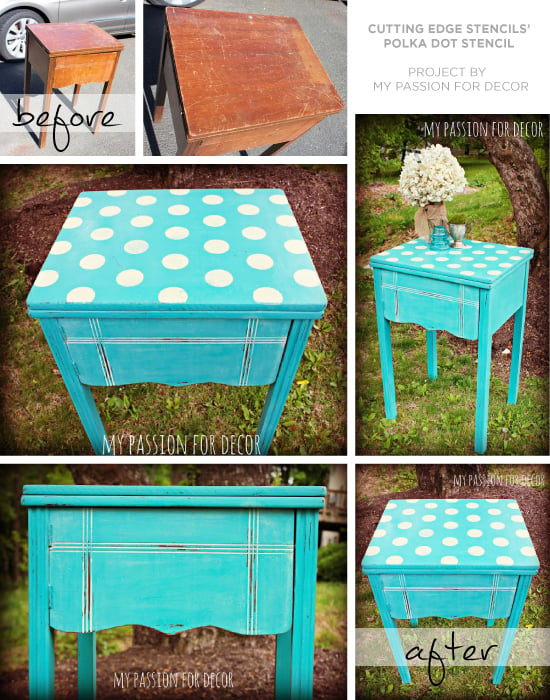 Use the polka dot stencil to upcyle an old sewing table into a end table! www.cuttingedgestencils.com