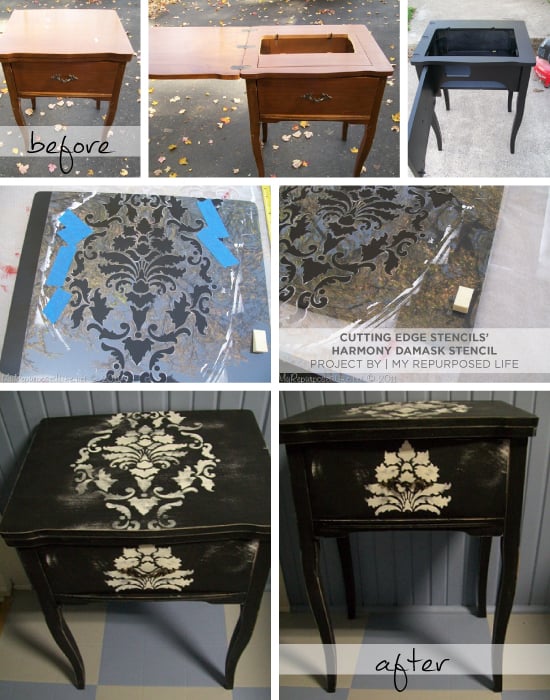 Use the Harmony Damask Stencil to upcycle an old sewing table and give it designer appeal! www.cuttingedgestencils.com