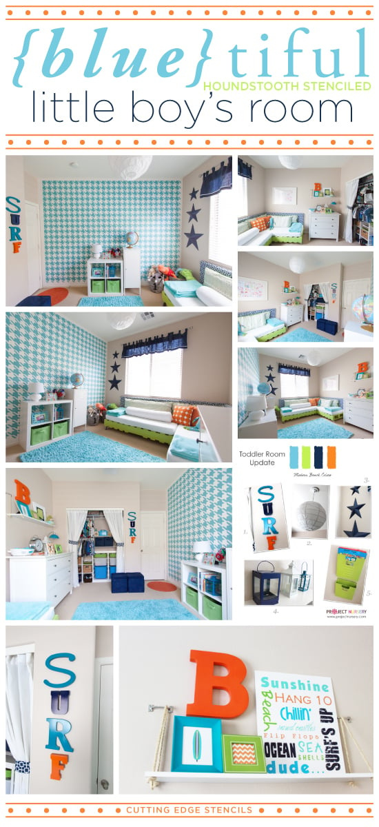 Houndstooth Stenciled blue kids bedroom is absolutely stunning! Love the bold accent wall. http://www.cuttingedgestencils.com/wall_stencil_houndstooth.html