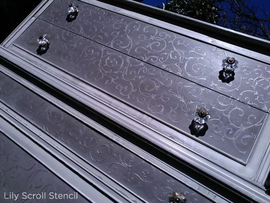 The lily scroll stencil gives this diy dresser a vintage chic appeal! www.cuttingedgestencils.com