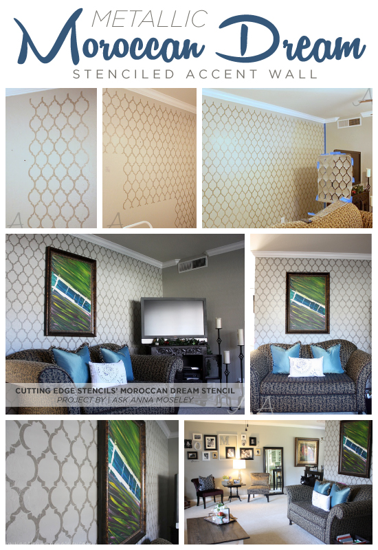 Use the Moroccan Dream stencil from Cutting Edge Stencils on an accent wall in a mettalic paint to get this stunning look! http://www.cuttingedgestencils.com/moroccan-stencil-design.html