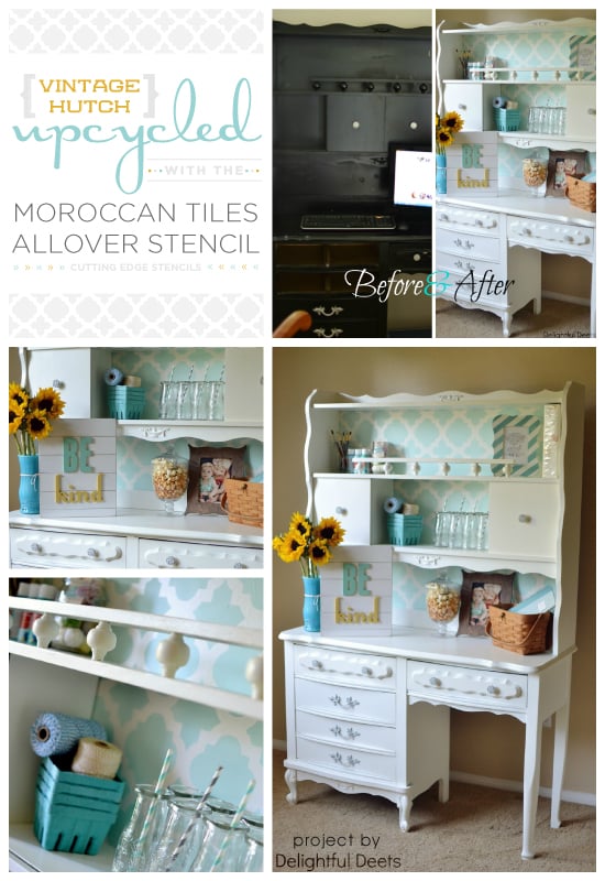 Use the Moroccan Tiles Stencil to transform an old hutch like this! http://www.cuttingedgestencils.com/moroccan-tiles-wall-pattern.html