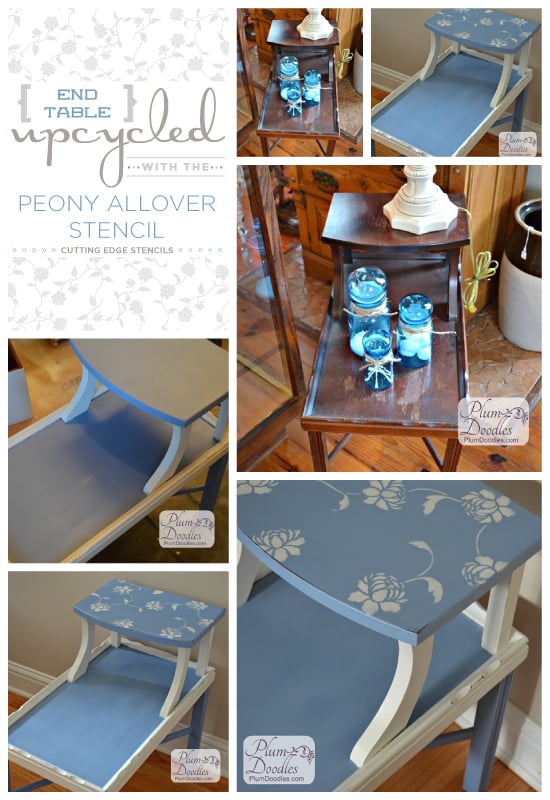 Upcycle an old end table using the Peony Stencil from Cutting Edge Stencils. http://www.cuttingedgestencils.com/flower-stencil-damask.html