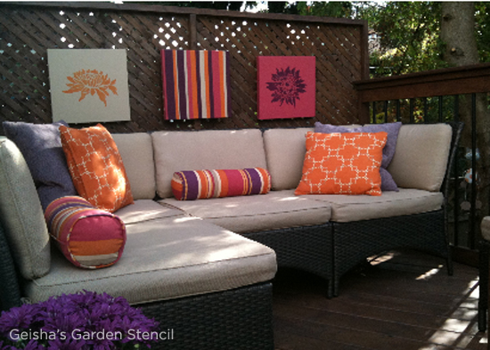 Stenciled wall art looks great in any outdoor space! Use the Geisha's Garden Wall Pattern Kit to get this look! http://www.cuttingedgestencils.com/floral-wall-pattern.html