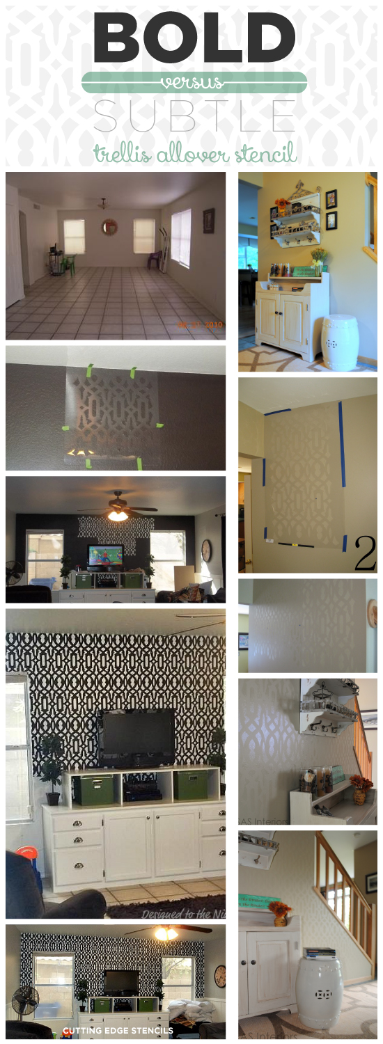 The Trellis Allover Stencil can make either bold or subtle statement in any space depending on the color! http://www.cuttingedgestencils.com/allover-stencil.html