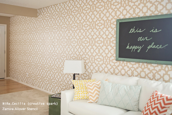 Stunning Zamira stenciled accent wall in this living room was painted by Nina.Ceclia CreativeSpark using Cutting Edge Stencils. http://www.cuttingedgestencils.com/moroccan-stencil-designs.html