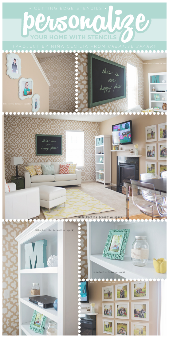 Stunning Zamira stenciled accent wall in this living room was painted by Nina.Ceclia CreativeSpark using Cutting Edge Stencils. http://www.cuttingedgestencils.com/moroccan-stencil-designs.html