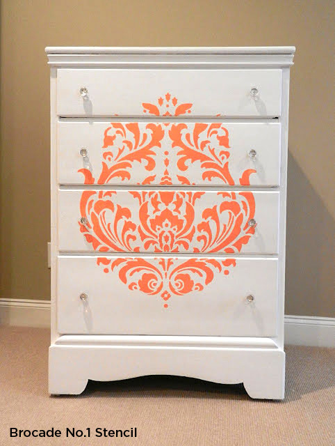 Upcycle an old piece of furniture with the Brocade No.1 Stencil in orange! http://www.cuttingedgestencils.com/Brocade-stencil-damask.html #cuttingedgestencils #stencils #stenciling