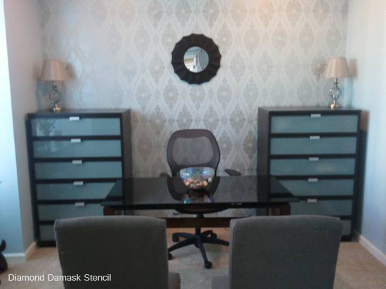 Use the Diamond Damask Stencil to update your office to look like this! Get yours here...http://www.cuttingedgestencils.com/damask-stencil-pattern.html#desc