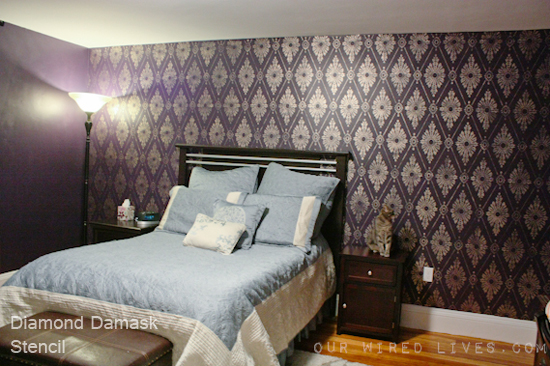 Stencil a stunning purple accent wall using the Diamond Damask Stencil from Cutting Edge Stencils. http://www.cuttingedgestencils.com/damask-stencil-pattern.html#desc