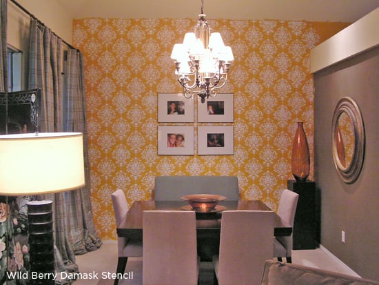 The Wild Berry Damask Stencil adds a sophisticated orange pattern to this dining space! http://www.cuttingedgestencils.com/damask-stencil-berry.html #cuttingedgestencils #stencils #stenciling