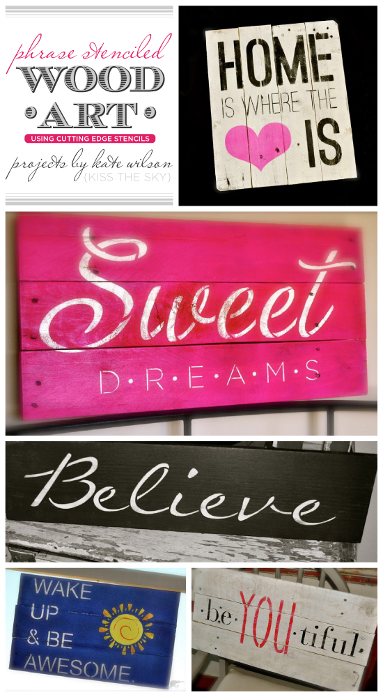 Phrase stencil and reclaimed wood are the perfect combo to create gorgeous wall art! http://www.cuttingedgestencils.com/wall-quotes-stencils-quotes-for-walls.html