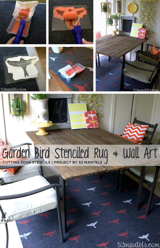 Bird Stencil from Cutting Edge Stencils was used to create this gorgeous outdoor rug and canvas art! http://www.cuttingedgestencils.com/bird-stencils-bird.html